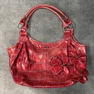 Red Faux Leather Floral Applique Handbag